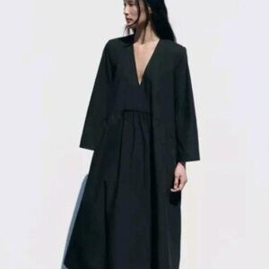 ZARA Long Black Cotton Dress 2183 043 Size S Pomplin Long Sleeve 2183/043/800